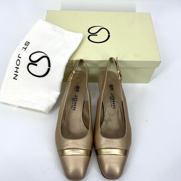 St. John Italy Gold Leather Slingback Heels Shoes Size 8 with Box and dust bag - Picture 1 of 10